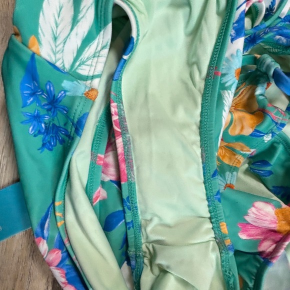 Cupshe Floral Ruffle V-Neck Lace Up Back One Piece Swimsuit Teal XL NEW - Picture 6 of 8